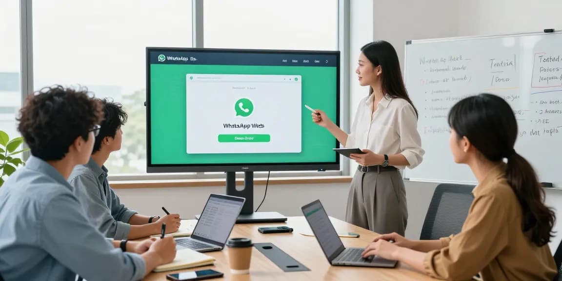 Team collaborating on WhatsApp網頁版 in modern office with screens and devices.