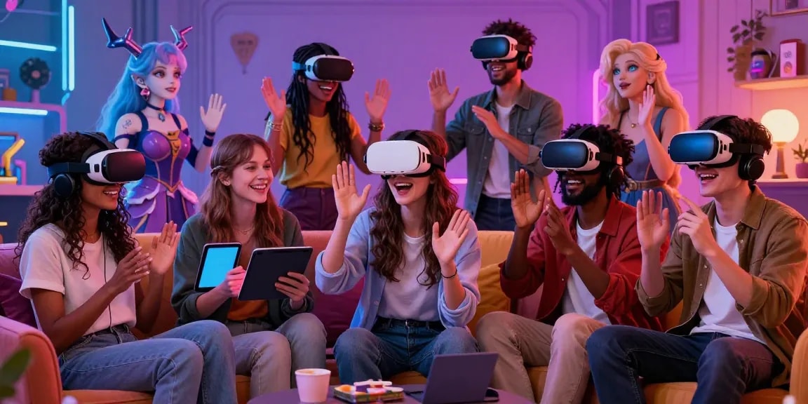Engaging NSFW character AI roleplay scene showcasing diverse avatars and immersive interactions in a futuristic environment.