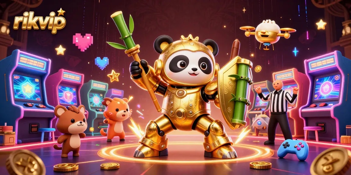 Experience thrilling action at rikvip with a mech-suit panda battling in a vibrant casino arcade.