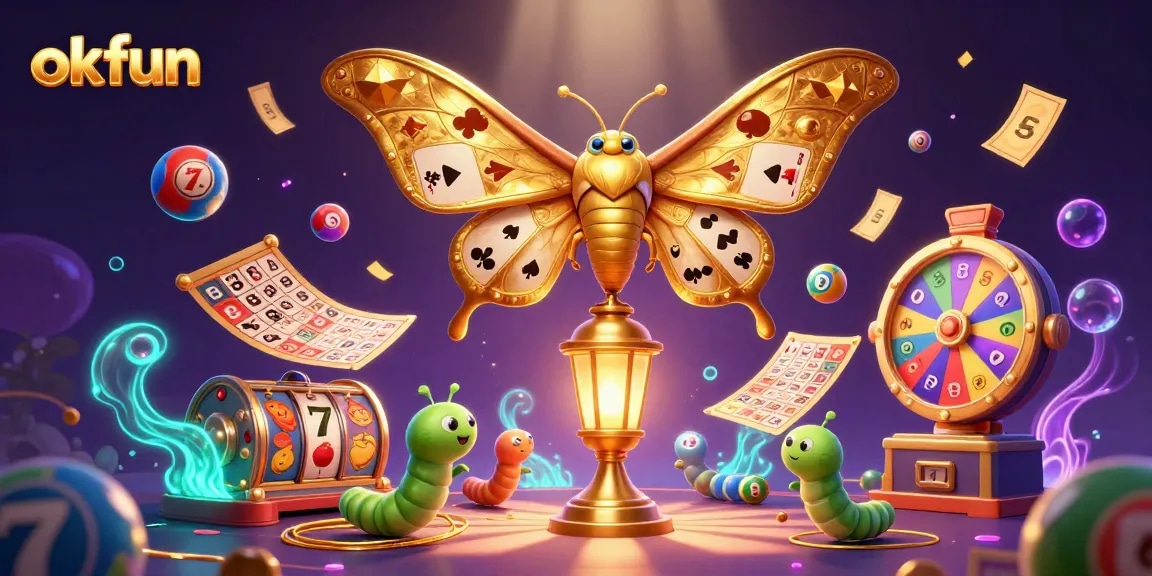 Experience the excitement of okfun's casino with a vibrant lottery and slot game-themed illustration.