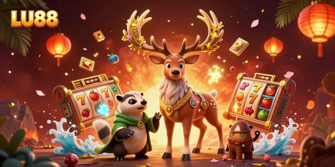 LU88 offers immersive gameplay with vibrant slot symbols and captivating characters in an engaging casino scene.