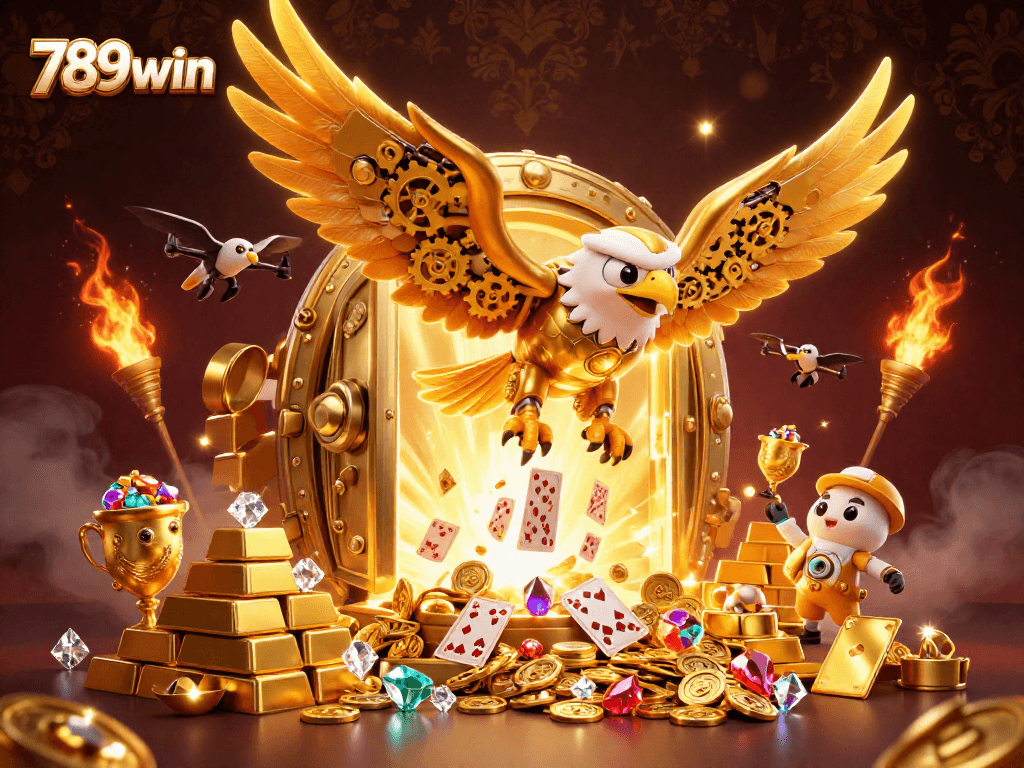 Experience excitement with 789win as a golden eagle dives through casino treasures and cards.