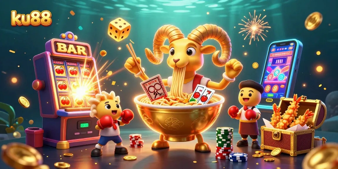 ku88 casino illustration showing vibrant cartoon characters engaging in epic gaming action with jackpots, slots, and rich visuals.