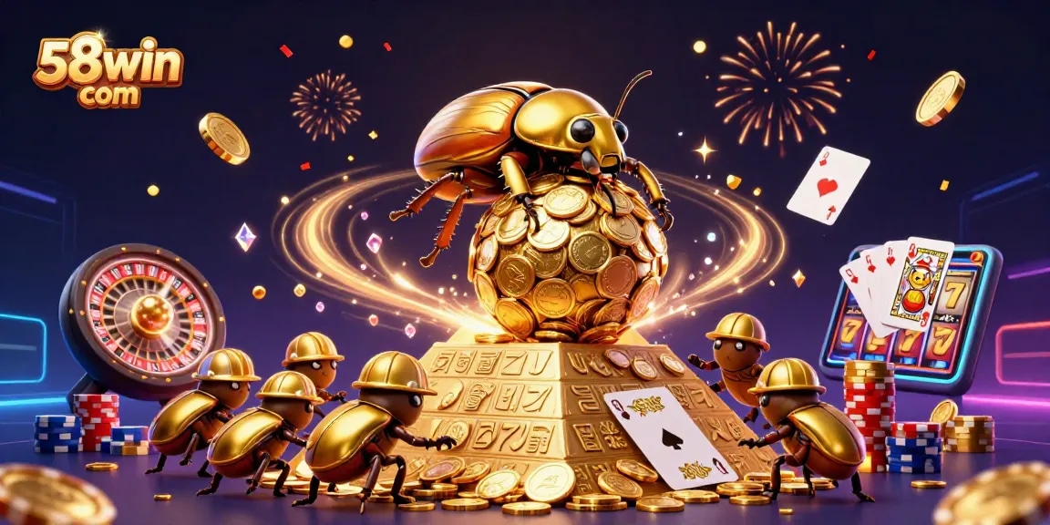 Play slots and win at 58win com with a vibrant 3D casino scene featuring golden coins and beetles.