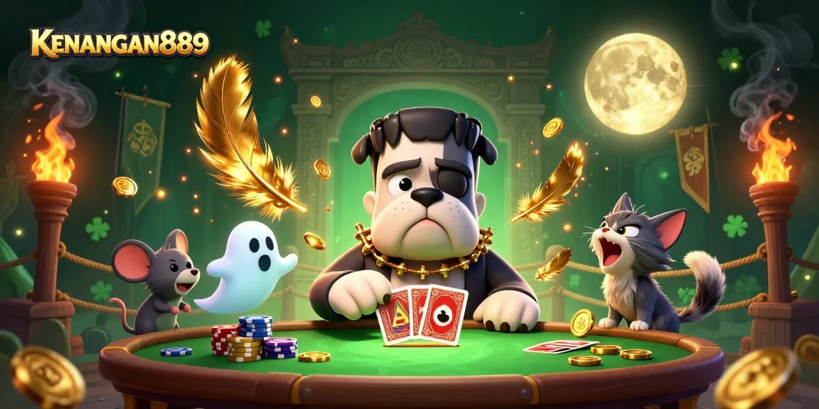 Playing cards at KENANGAN889 with a whimsical bulldog monster in a vibrant casino setting