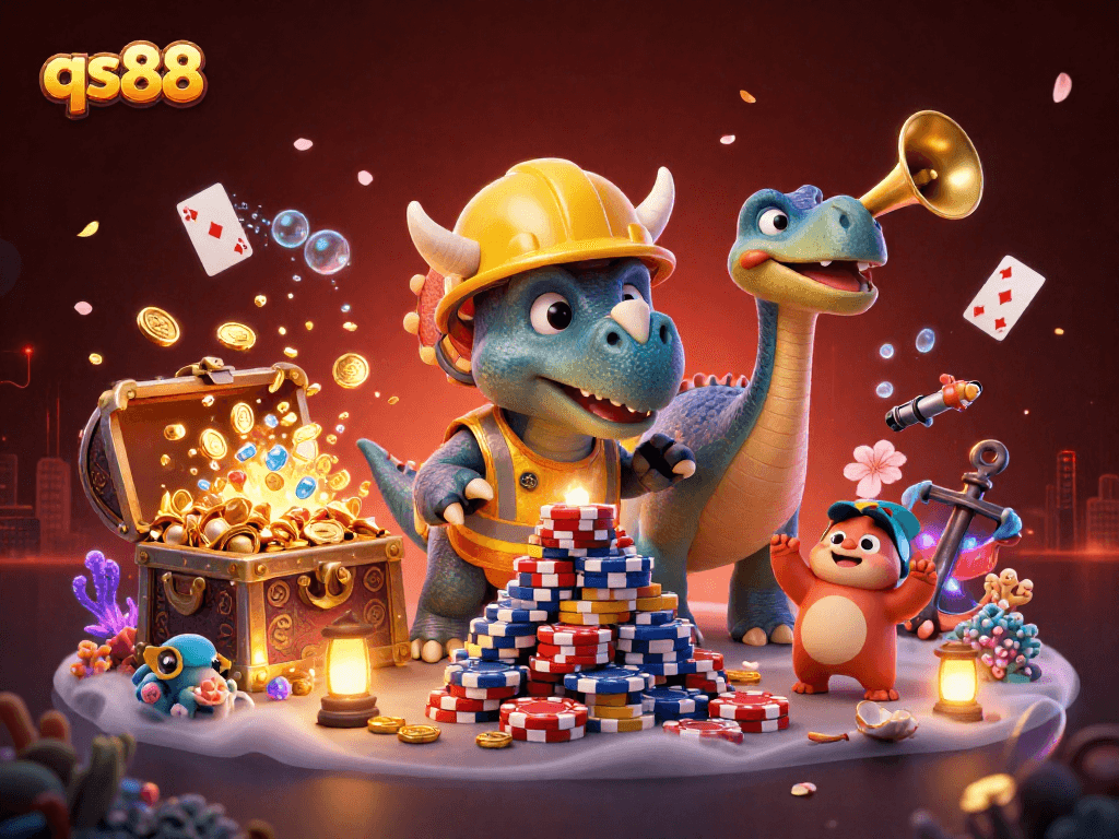 Experience thrilling wins at qs88 with vibrant underwater segments and cheering characters in a dynamic casino scene.