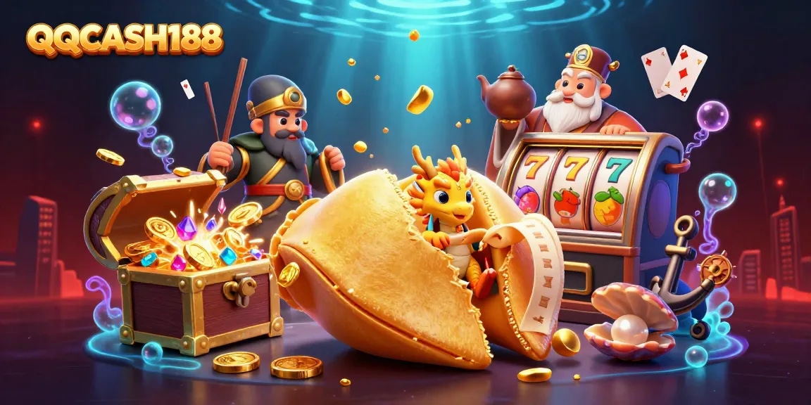 Win big at QQCASH188 with vibrant 3D casino-themed illustration showcasing fortune and adventure.