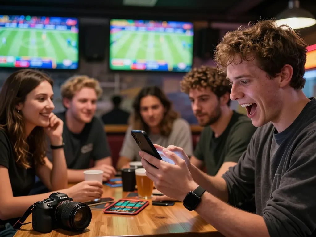 Excited gambler placing a bet on TG88 sports betting app during a lively game in a sports bar.