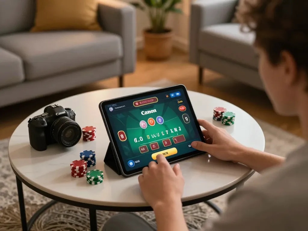 Player strategizing in online blackjack on 98win trang chủ with cozy setting and tablet.
