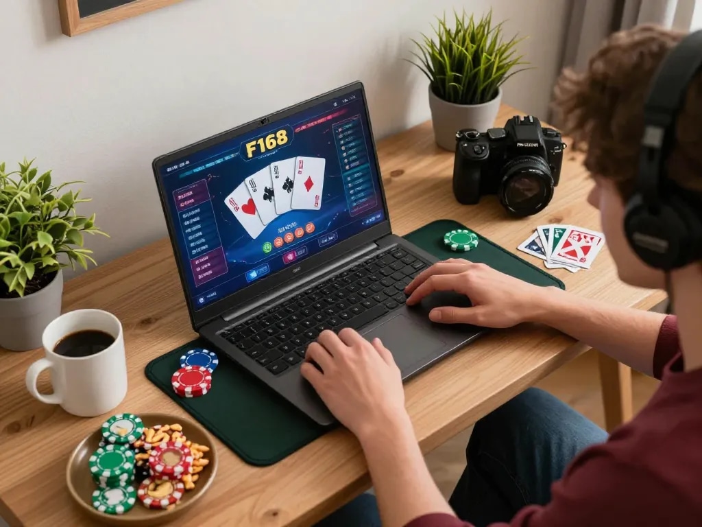 Engaged gamer at F168 playing poker online with cozy atmosphere and snacks.