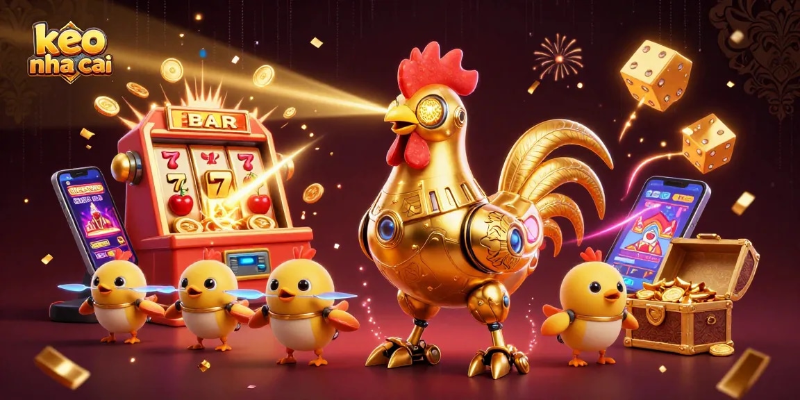 Experience the excitement of keo nha cai with vibrant laser beams, golden robots, and jackpot explosions!