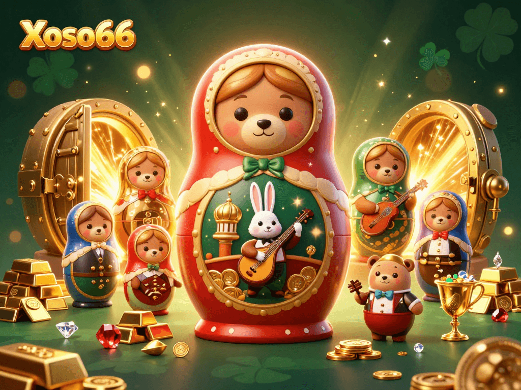 Xoso66 players spinning the reels with exciting gems and treasures in a vibrant casino scene.