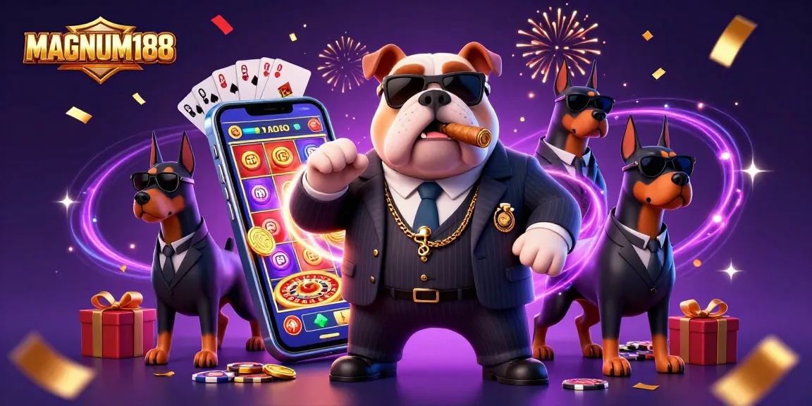 Experience the excitement of MAGNUM188 with 3D colorful slot game elements and a dynamic mafia scene.
