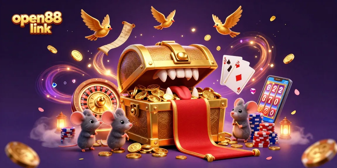 Discover treasures at open88 link with cartoon mice, golden coins, and casino games.