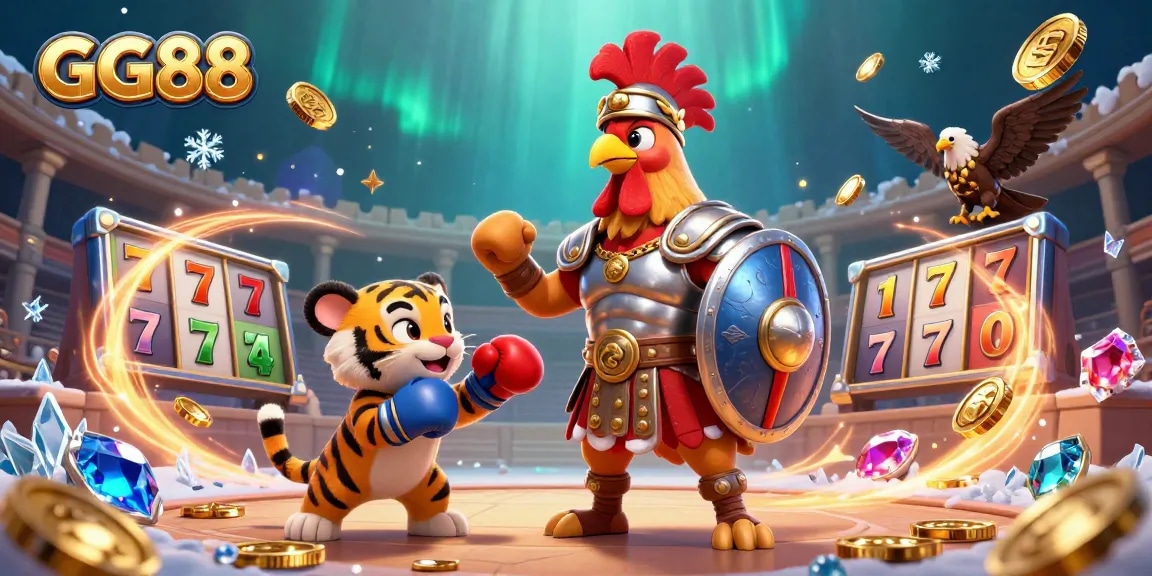 Experience thrilling wins with GG88, where a gladiator rooster battles for jackpots amidst dynamic casino elements.