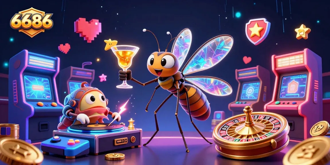 Win big with 6686 in a thrilling casino scene featuring vibrant characters and dynamic gaming elements.