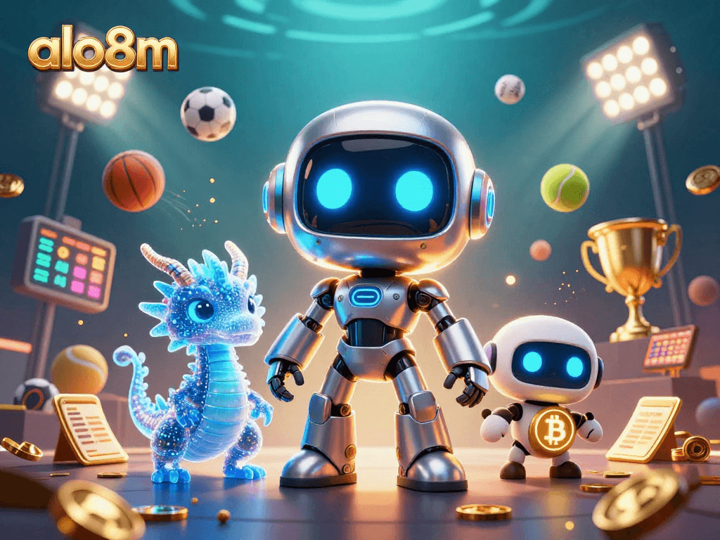 Engage with the exciting games at alo8m, featuring a vibrant 3D casino scene filled with dynamic elements.