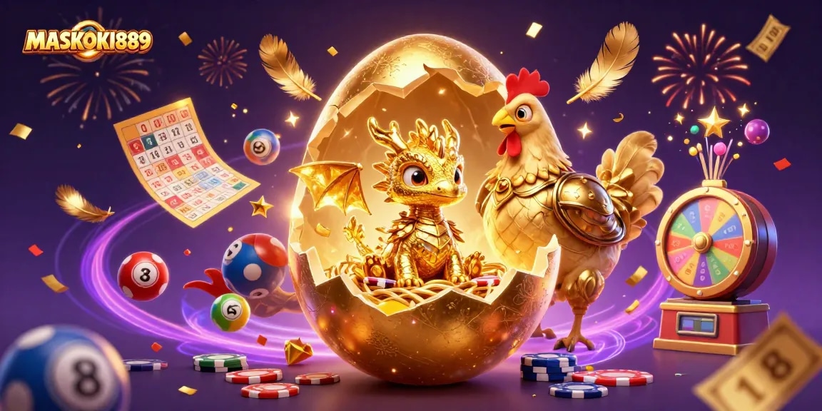 Experience gaming excitement with MASKOKI889 as a golden dragon emerges from a nest of poker chips.