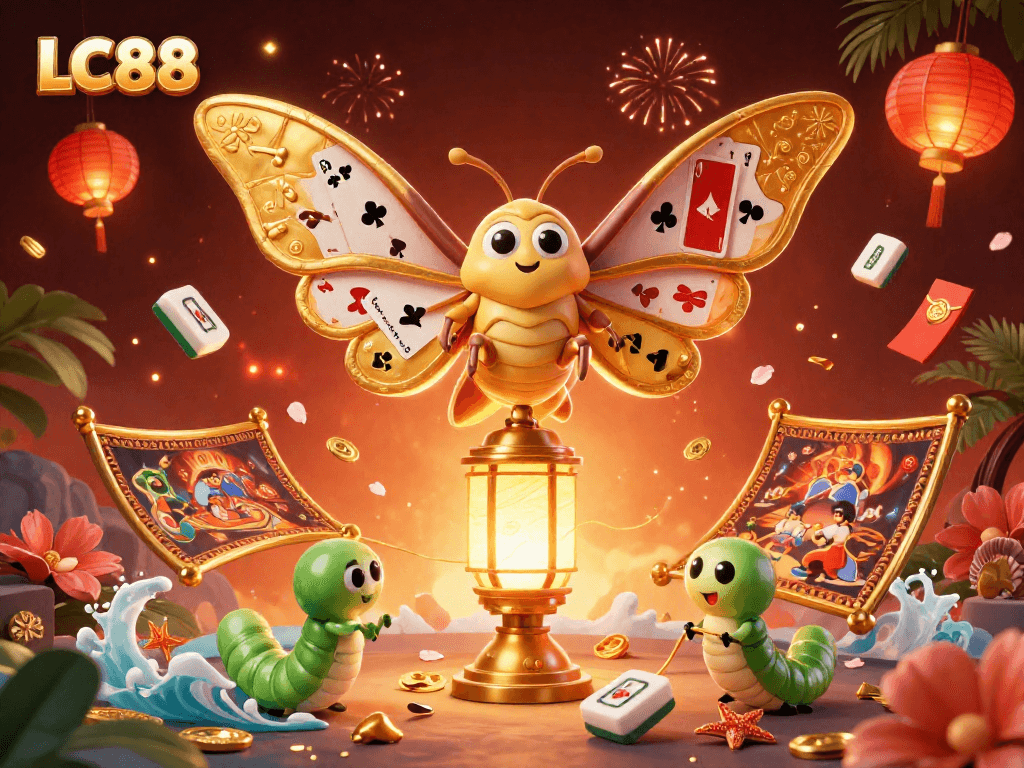 Engage with LC88's vibrant 3D casino-themed illustration showcasing dynamic gaming elements and golden motifs.