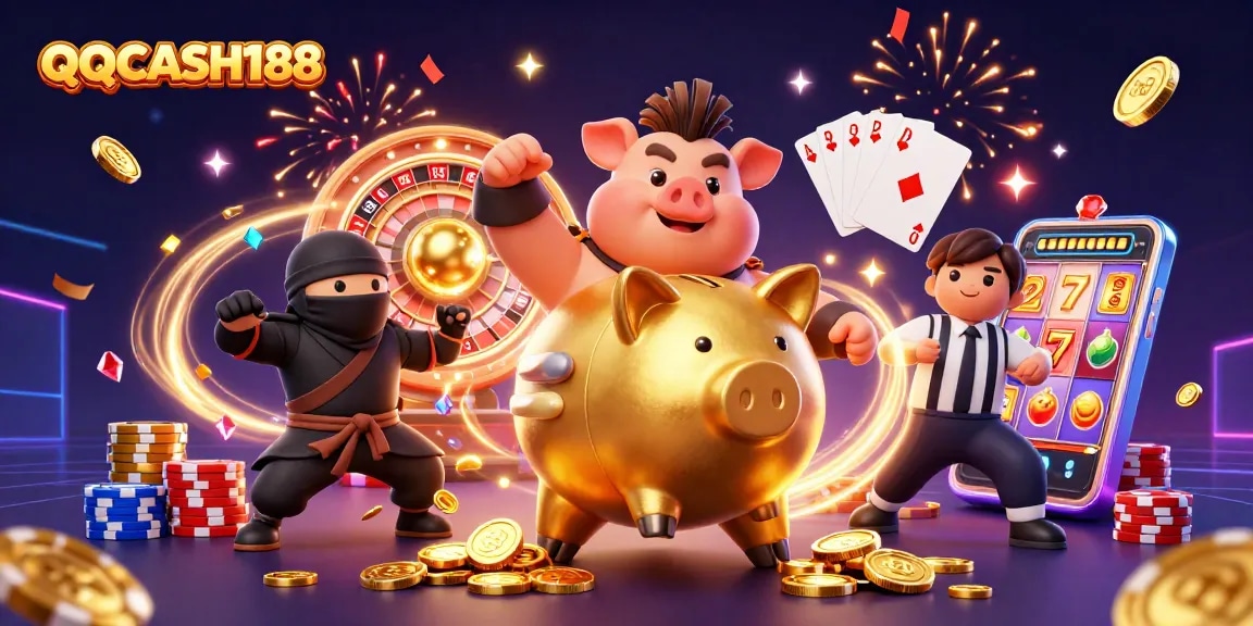 Join the adrenaline of QQCASH188 with a vivid 3D casino showdown featuring a golden piggy bank and more!
