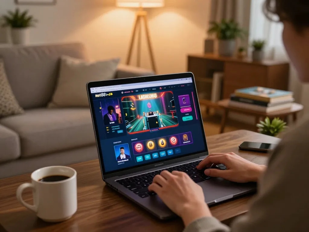 Engaging with net88 gaming interface on a laptop in a cozy home setting.