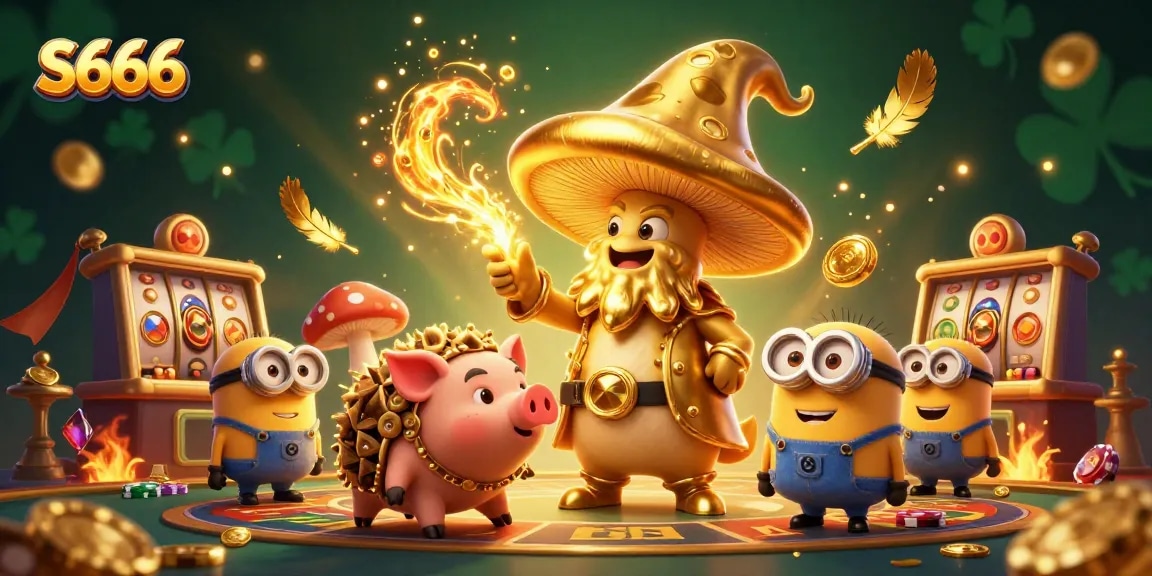 Experience the thrill of S666 with a magical scene featuring a golden mushroom wizard and treasures.
