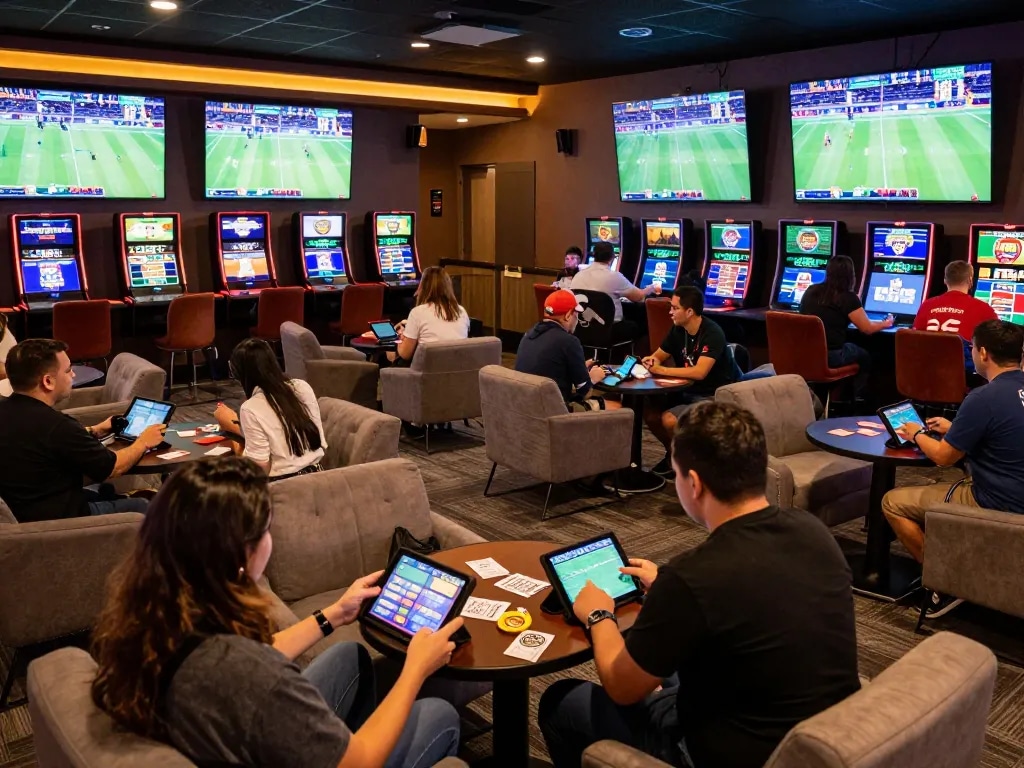 PHPVIP sports betting lounge filled with enthusiasts analyzing odds and placing bets on live events.