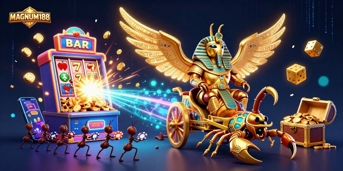 Experience the excitement of MAGNUM188 with dynamic casino action featuring a glowing scarab and jackpot elements.