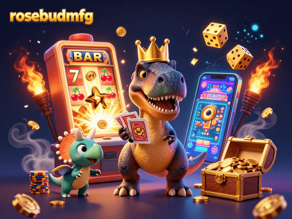 Bet on fun with rosebudmfg in an exciting casino-themed scene featuring dinosaurs and lucky symbols.