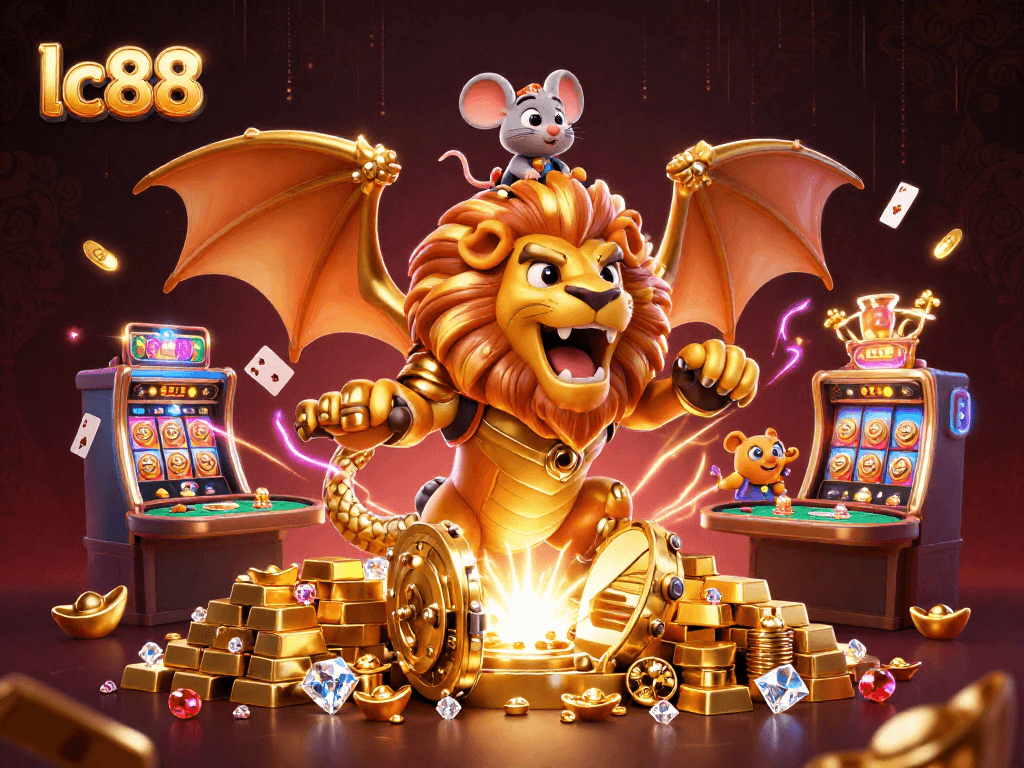 Experience the excitement of lc88 casino with a golden chimera and mouse jockey amidst treasure and poker tables.