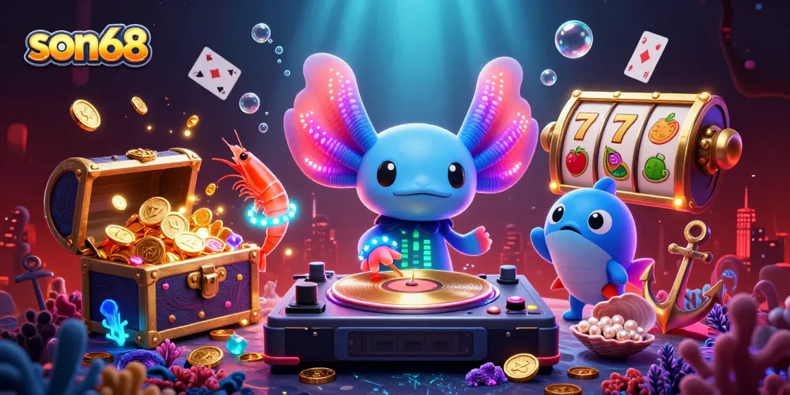 Experience the thrilling son68 casino scene with neon axolotl DJ and vibrant gaming elements.