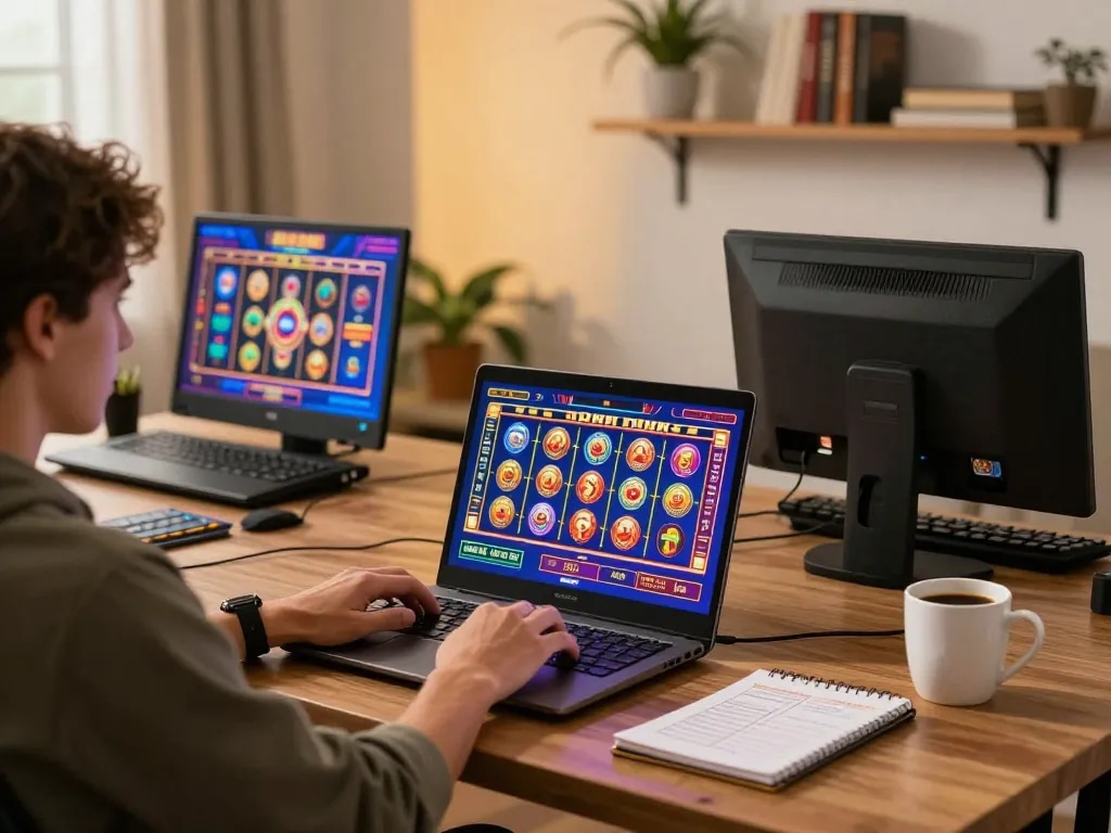 Engaged player enjoying game doi thuong on a laptop, showcasing vibrant casino interface and cozy setup.