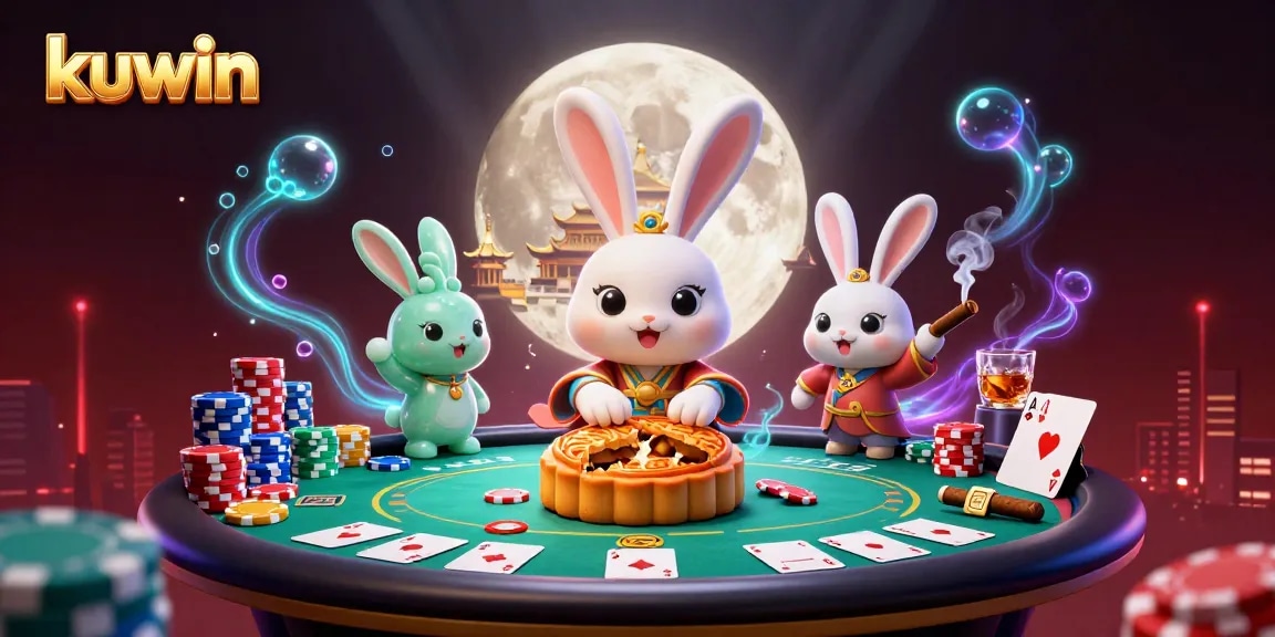 Experience kuwin's thrilling poker action with a magical moon rabbit and vibrant casino elements.