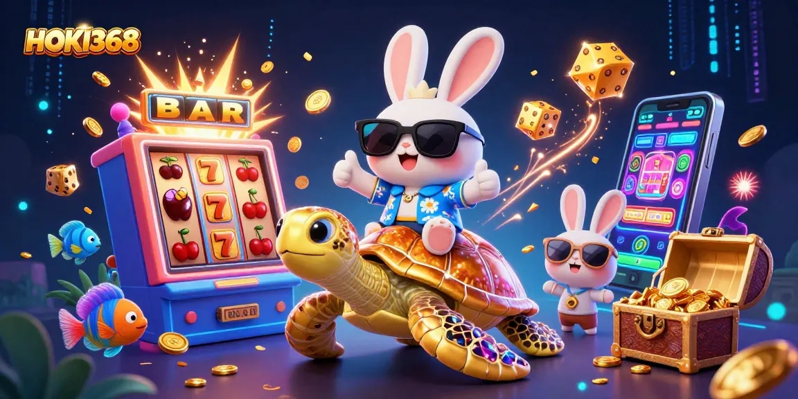 Engage in thrilling gameplay at HOKI368 with a vibrant casino illustration of joy and luck.