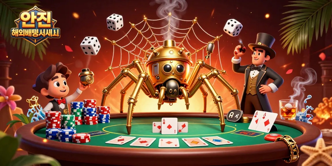 Experience excitement with 안전 해외배팅사이트 as a golden spider captures dice in a lavish casino scene.