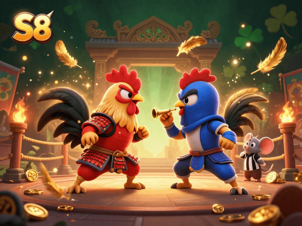 Watch S8's thrilling standoff with samurai and ninja roosters among golden feathers and casino elements.
