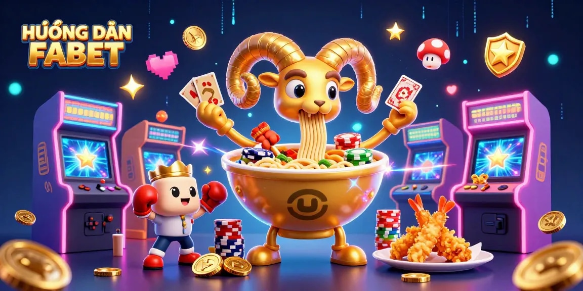 HƯỚNG DẪN FABET showcasing a vibrant 3D cartoon casino scene with characters and game elements.