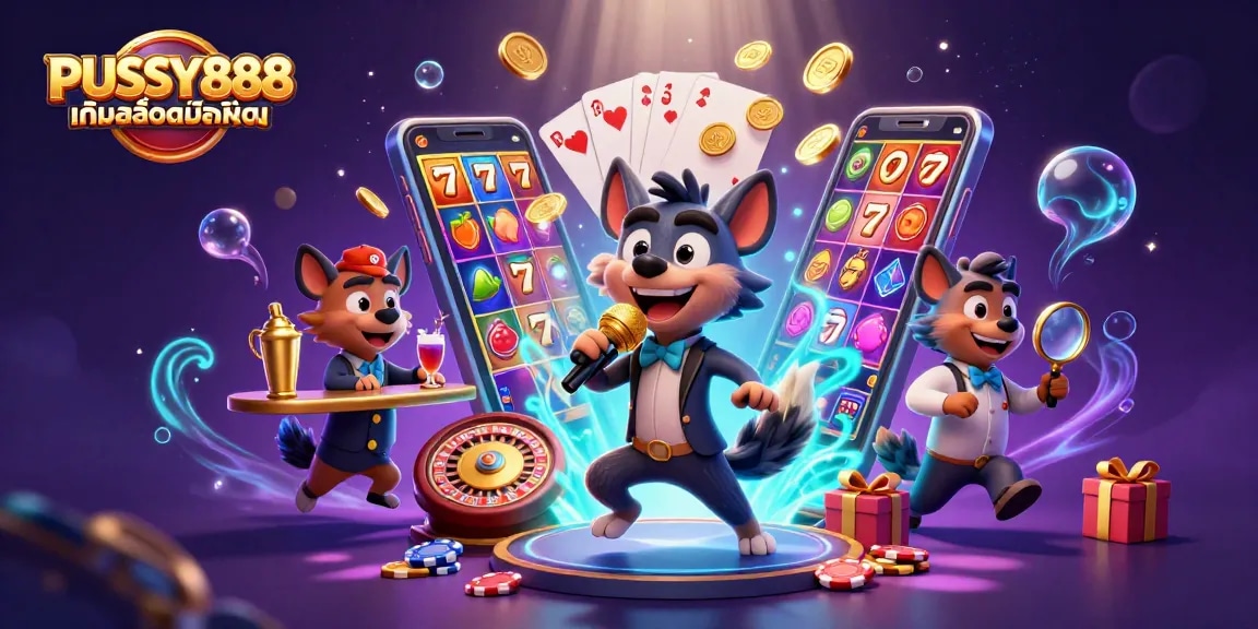Engage with PUSSY888 เกมสล็อตมือถือ through a vibrant 3D casino scene showcasing lively characters and thrilling game elements.