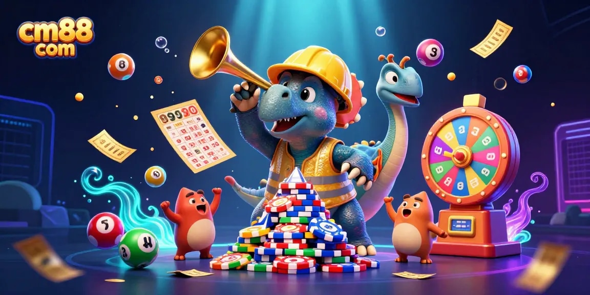 Engage with cm88 com through a vibrant 3D cartoon scene of dinosaurs celebrating with casino elements.