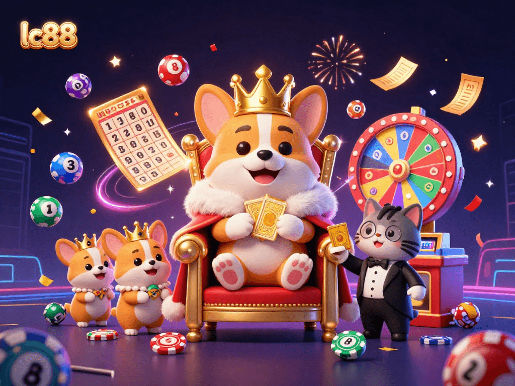 Engage with lc88 through vibrant lottery balls and celebratory casino elements in this rich 3D scene.