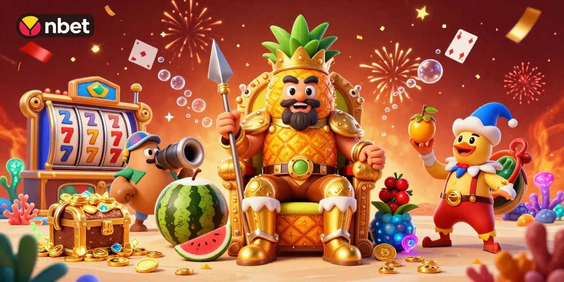 Engage with nbet in a colorful beach casino scene featuring the golden pineapple king and vibrant gaming elements.