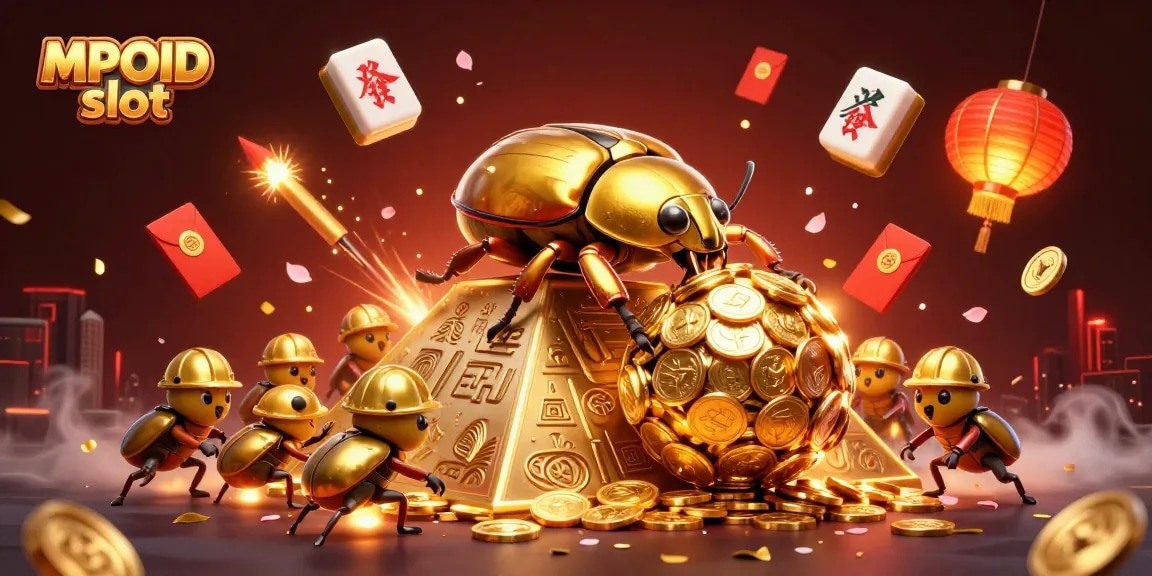 Experience the excitement of MPOID slot with a 3D illustration of golden beetles and casino elements.