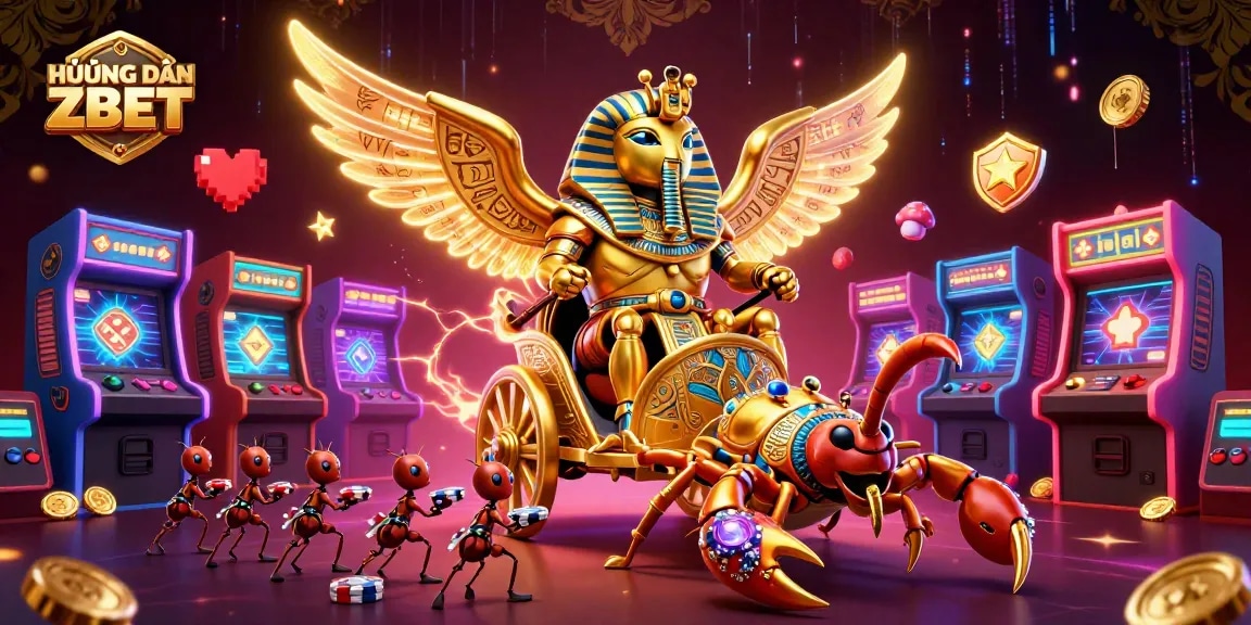Engaging scene of HƯỚNG DẪN ZBET showcasing a golden scarab beetle, scorpions, and poker chips in a vibrant casino setting.