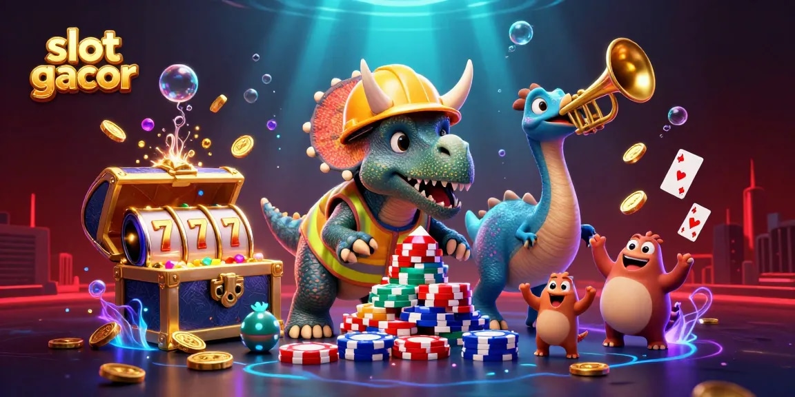 Engage with slot gacor in an energetic casino scene with characters building poker chip pyramids.