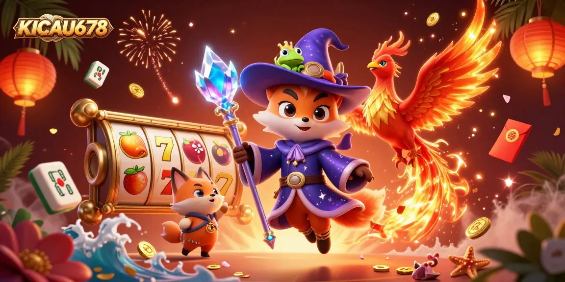 Engage in thrilling gameplay at KICAU678 with vibrant slot reels, mystical characters, and rich casino elements.