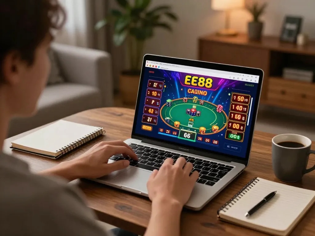 Engaged user playing poker on ee88 online casino platform, showcasing vibrant gaming interface and cozy home setup.