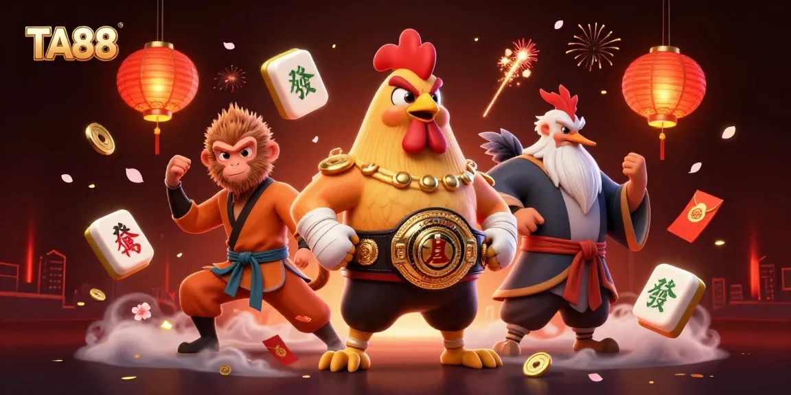 TA88 showcases a vibrant scene with a Muay Thai rooster, a Shaolin monkey, and a wise crane amidst casino elements.