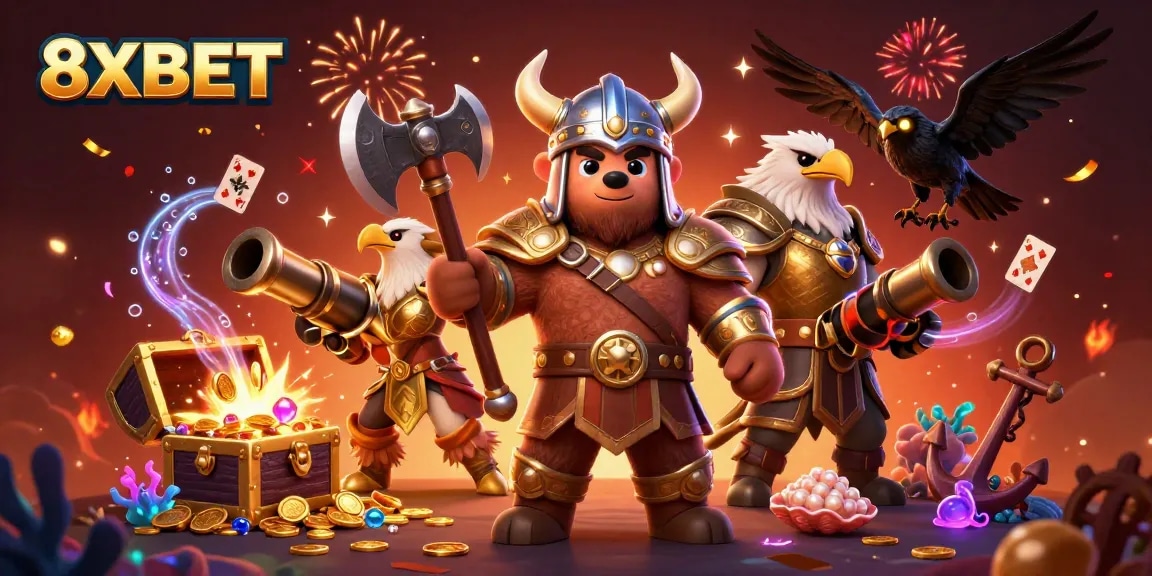Engage with 8XBET's thrilling Viking-themed casino adventure featuring dynamic characters and treasure.