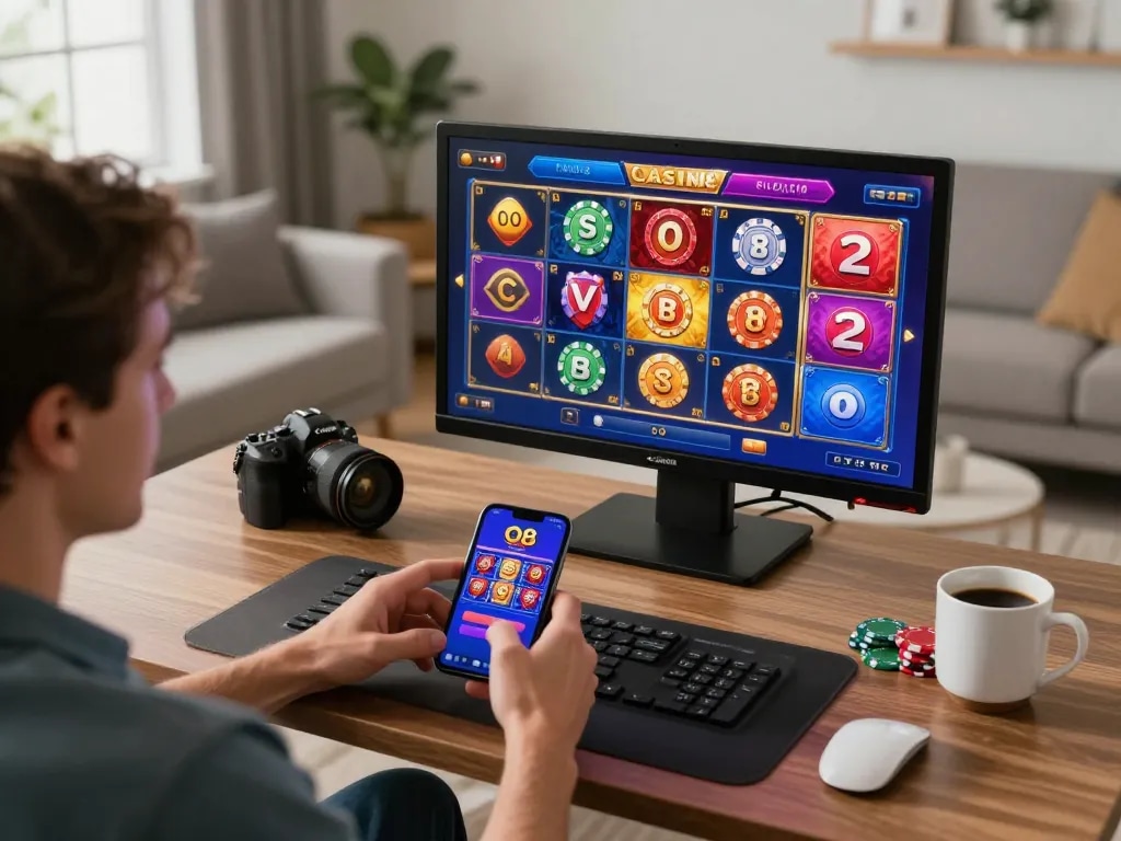 Player engaging with O8 casino app on smartphone, showcasing vibrant slot games