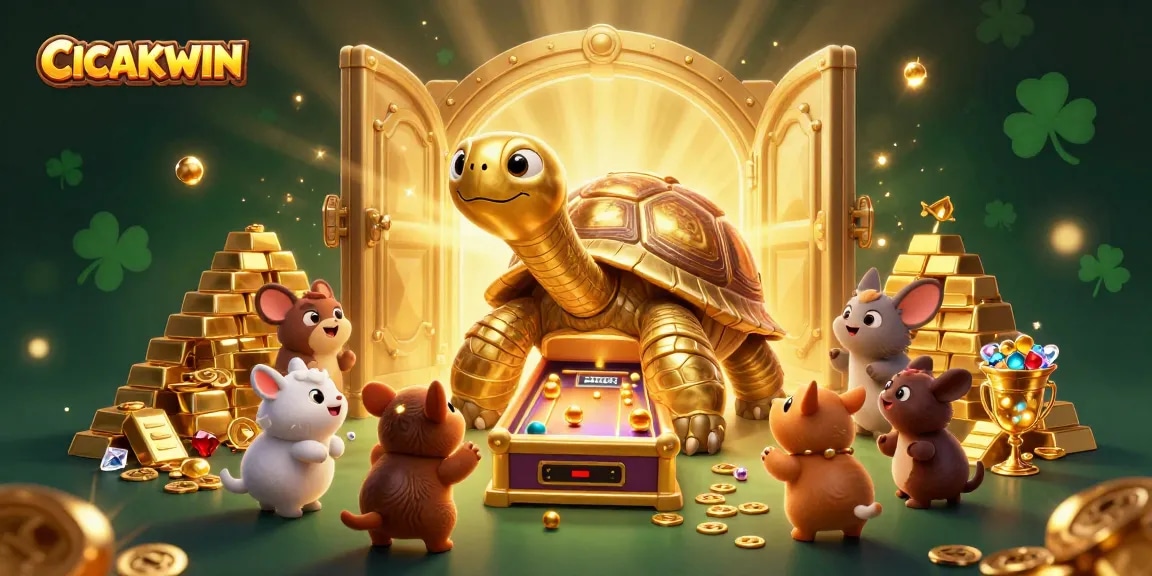 CICAKWIN spinning the jackpot on a vibrant 3D slot machine scene with golden treasures.